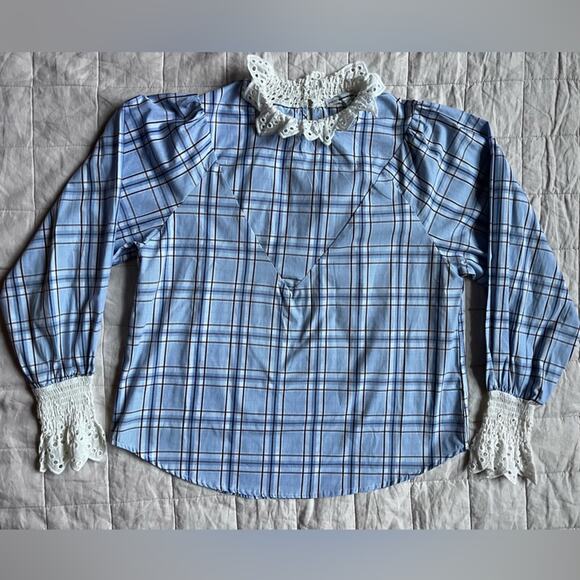 English Factory White Eyelet Ruffle Blue Plaid Poplin Long Sleeve Blouse - Small - Picture 1 of 8